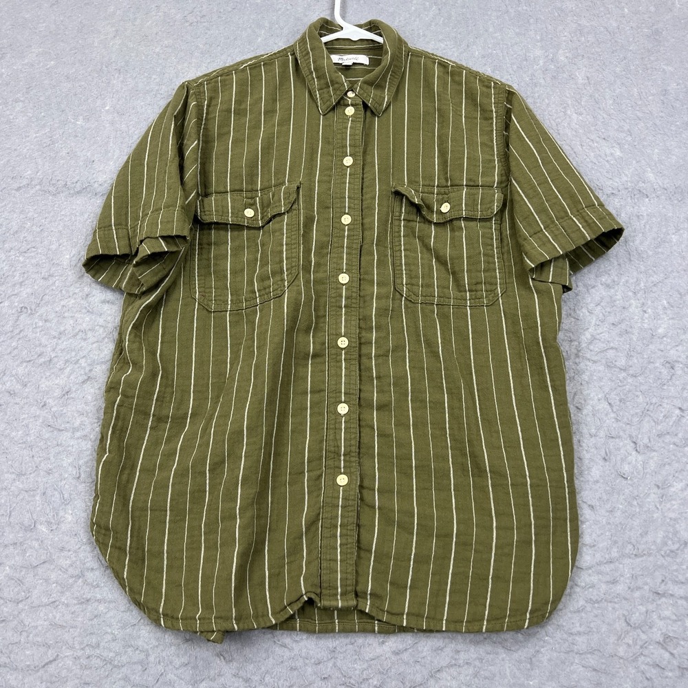 Madewell Top Women's Small Green Stripe Lightspun Short-Sleeve Flap-Pocket Shirt